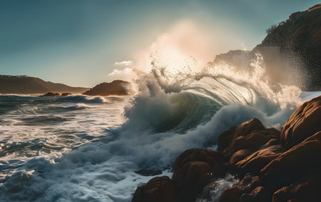 Beautiful view of the ocean waves breaking on the rocks. Toned.の素材