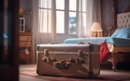 Suitcase in the bedroom. Travel, vacation, business conceptの素材