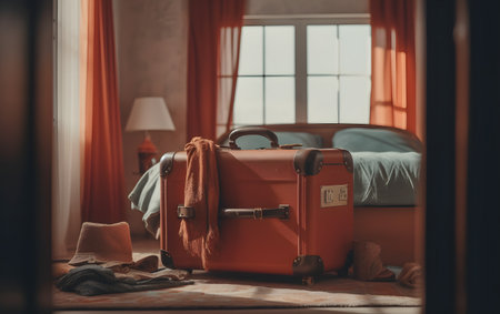 Suitcase in the room with orange curtains. Travel concept.の素材