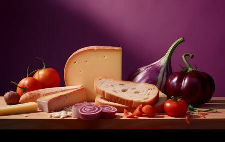 Composition with cheese, vegetables and bread on wooden table on purple backgroundの素材