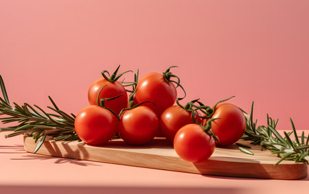 fresh cherry tomatoes and rosemary on cutting board on pink background, closeupの素材