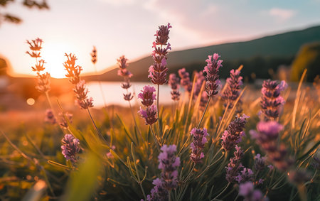Lavender flowers blooming in the field at sunset. nature backgroundの素材