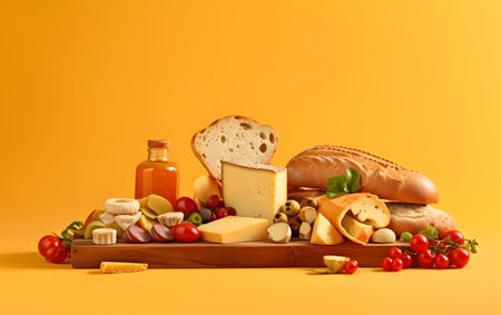 Composition with variety of cheese products on color background, closeupの素材