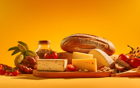 Composition of cheese, bread, tomatoes and olive oil on yellow backgroundの素材