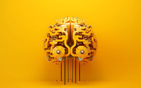3d rendering of human brain with gears and cogwheels on orange backgroundの素材