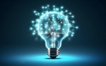 Glowing light bulb with earth inside on dark blue background 3D renderingの素材
