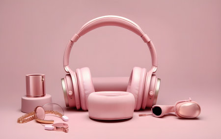 Pink headphones and cosmetics on a pink background. 3d rendering.の素材