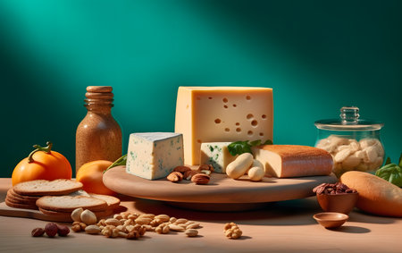 Assortment of cheese, nuts and bread on wooden board on green backgroundの素材