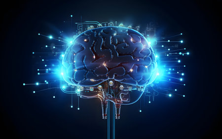 3d rendering of human brain with circuit board on dark blue backgroundの素材