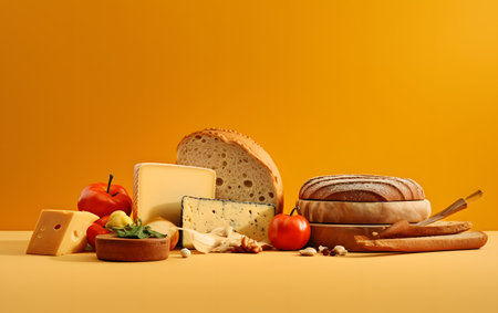 Composition with cheese, bread and vegetables on yellow background with copy spaceの素材