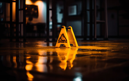Danger wet floor concept. Wet floor with wet floor and warning sign. selective-focusの素材