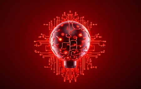 Glowing light bulb and circuit board on red background. Innovation concept. 3D Renderingの素材