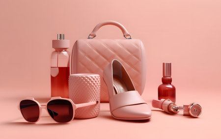 Women's accessories on a pink background, 3d rendering. Computer digital drawing.の素材