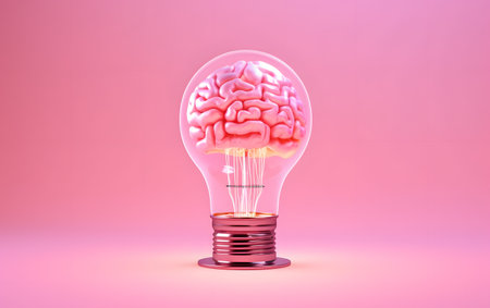 Human brain inside a light bulb on pink background. 3d illustrationの素材