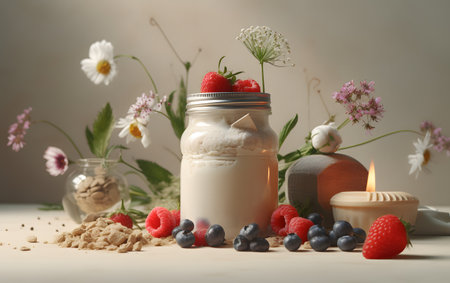 Healthy breakfast with oat flakes, berries and milk on wooden tableの素材