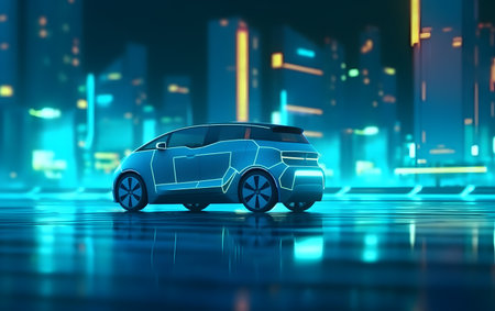 3d rendering of a modern electric car in the city at nightの素材