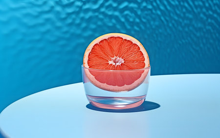 Grapefruit in a glass on a blue background. 3d renderingの素材