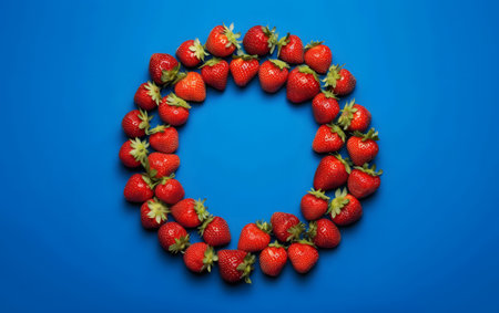 Strawberries arranged in a circle on blue background with copy spaceの素材