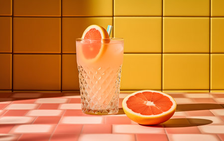 Grapefruit juice in a glass with a straw on a checkered backgroundの素材