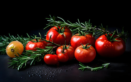 Fresh tomatoes with rosemary and water drops on a black background.の素材
