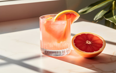 Grapefruit juice in a glass with slices of grapefruit.の素材
