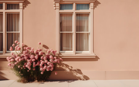 Flowers in a vase on the pink wall of the buildingの素材