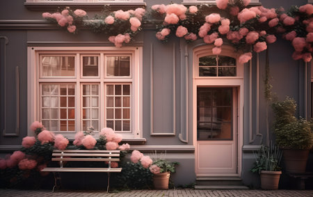 Facade of an old house decorated with pink flowers. Toned.の素材