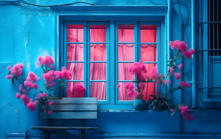 Window with pink flowers in a vase on the blue wall.の素材