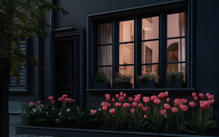 Tulips in front of a window in the city at nightの素材