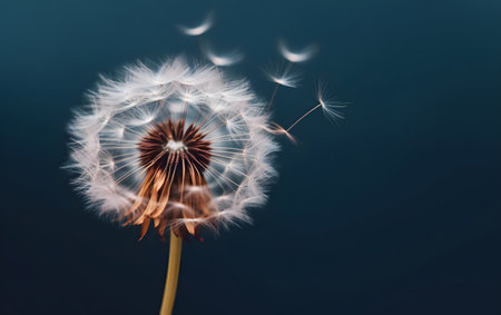 Dandelion seeds flying in the wind on a dark blue backgroundの素材