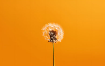 Dandelion flower on orange background with copy space for your textの素材