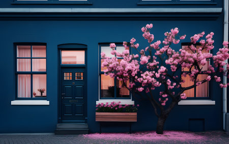 Blooming sakura tree in front of a blue door. 3d renderingの素材