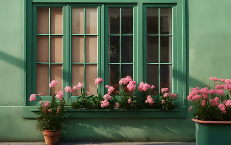 Flowers in a pot on the windowsill of a house with green shuttersの素材