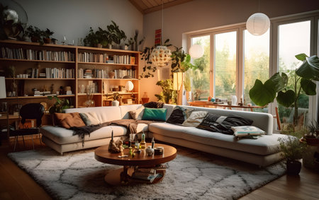 Interior of modern living room with sofa, coffee table and plantsの素材