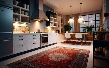 modern kitchen interior design. 3d rendering and 3d illustration.の素材