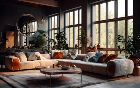 Modern living room interior design with brown sofa, coffee table and panoramic window. 3D Renderingの素材