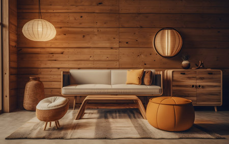 Interior of modern living room with brown wooden walls, concrete floor, comfortable sofa with orange cushions and armchair. 3d renderingの素材