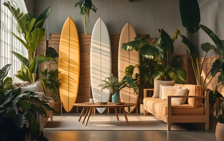 Modern living room interior with surfboards. 3d rendering mock-upの素材