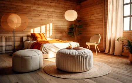 Interior of a modern bedroom in a wooden house. 3d renderingの素材