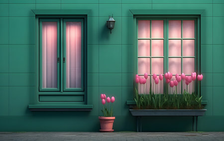 3D render of an entrance to a green house decorated with pink tulipsの素材