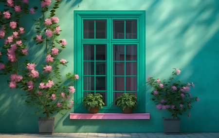 3D rendering of a green window with flowers on a turquoise wallの素材