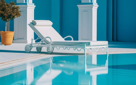 Swimming pool with sun lounger and chair. 3d renderingの素材