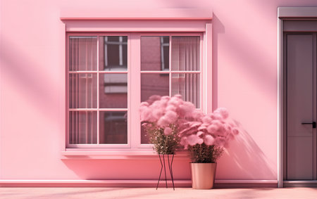3d render of pink wall with window and vase of flowersの素材