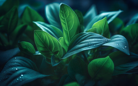 Close up of green leaves with water droplets. Nature background.の素材