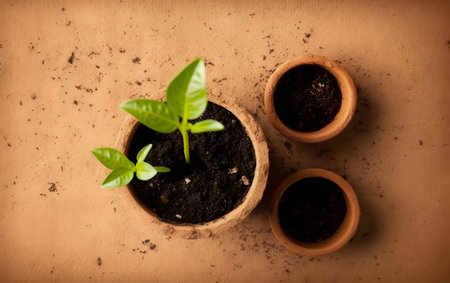 Small plant in pot on wooden background, top view, copy spaceの素材