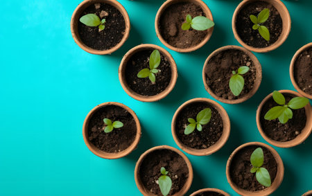 Plant seedlings in peat pots on turquoise backgroundの素材
