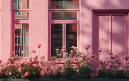 Colorful facade of an old house with pink shutters and pink flowersの素材