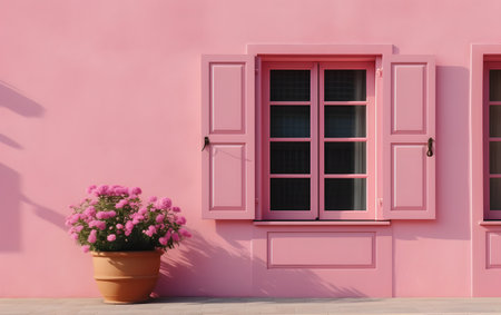 Pink wooden window with flower pot on the floor. 3d renderingの素材