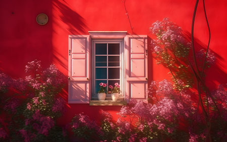 Colorful window with flowers on a red wall in Lisbon, Portugalの素材