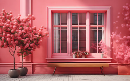 3d render of pink wall with window and flowers in vaseの素材